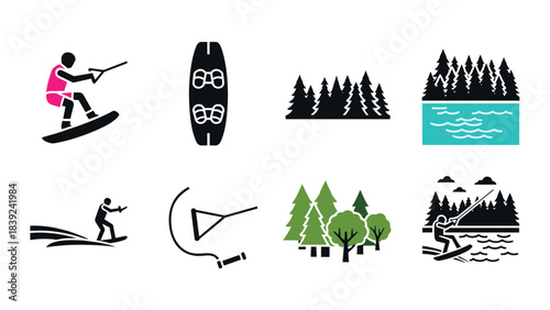 Silhouette wakeboarding icons: water sports and nature elements
