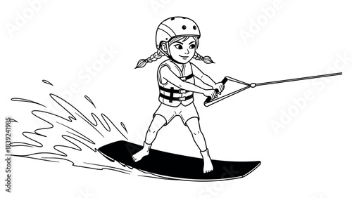 Young girl wakeboarding with life vest and helmet in dynamic black and white line art