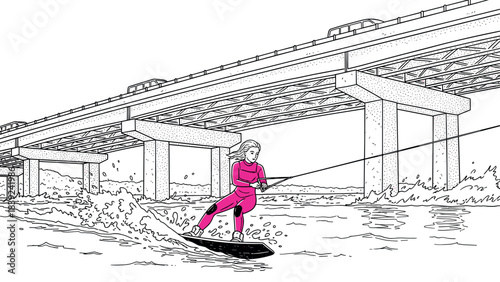 Dynamic watersports under bridge: woman wakeboarding in linear black and white