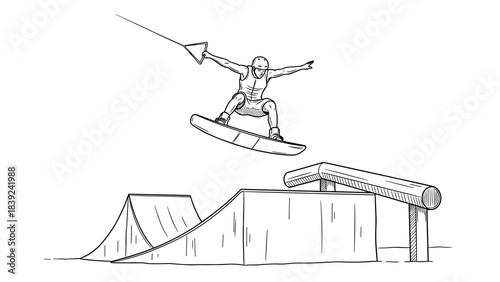 Dynamic line art of snowboarder jumping off ramp with parachute
