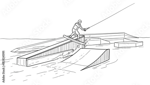 Wakeboarder riding on water park ramp in linear style
