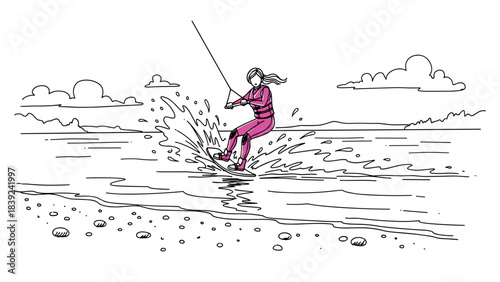 Line art woman wakeboarding on ocean waves with splashes and clouds
