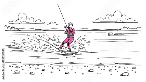 Woman wakeboarding adventure in black and white outline design