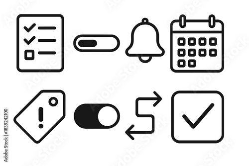 Outline Productivity Icons. Productivity Dashboard Set linear set: task list, progress bar, reminder bell, calendar view, priority tag, status toggle, workflow arrow, completion