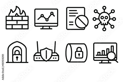 Network Defense Icons. Network Defense Tools linear set: firewall block, intrusion detection graph, packet filter icon, threat intel node, secure gateway, shielded router,