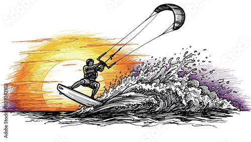 Dynamic kite surfing against a vibrant sunset in hand-drawn style