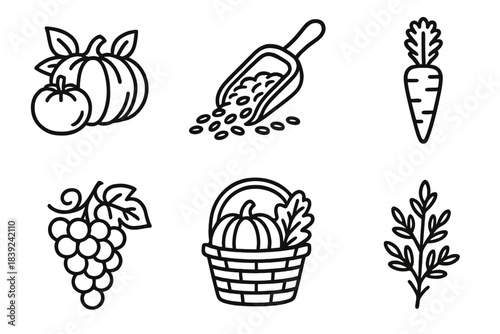Bountiful Harvest Icons. Harvest linear set: vegetable cluster, grain scoop, root crop, full basket, vineyard bunch, seasonal sprig.