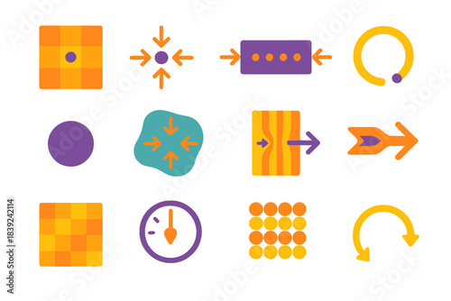 Vibrant Force Patterns. Inward Force Patterns flat set: strain-center tile, tension cue node, compression band bar, internal ring arc, stress dot, converging-flow patch, pressure