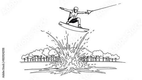 Wakeboarder jumping high in a splashy lake adventure scene with forest background