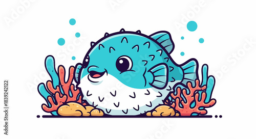 Charming cartoon pufferfish with spiky skin and adorable expression in the ocean.