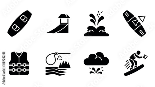 Water sports icons: silhouette set featuring wakeboard, surfing, and equipment symbols