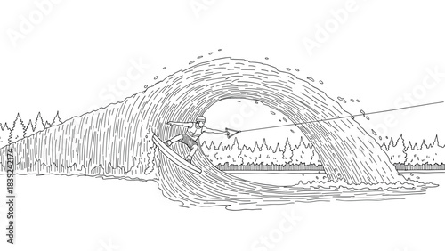 Wakeboarder riding a large wave amidst a scenic forest in linear style