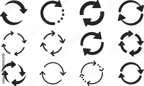 Collection of black circular arrows showing rotation direction and continuous movement