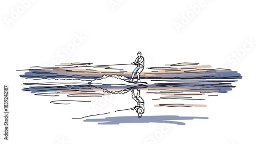 Outline of a man wakeboarding on calm waters at sunset