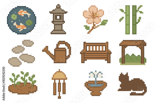 Garden Serenity Icons. Calm Garden Moments pixel style set: koi pond circle, stone lantern, delicate blossom, bamboo stalks, pebble path, watering can, garden bench, shaded pergola