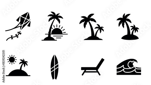 Beach silhouettes: tropical scenes with palm trees, sunsets, and surfing elements