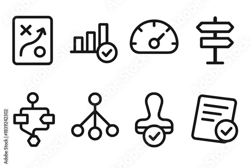 Strategic Decision Icons. Strategic decision icons linear set: scenario card, assessment bar, impact gauge, route selection, decision map, logic node, decision stamp, evaluation