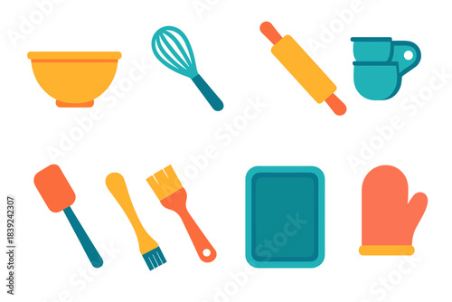 Modern Baking Tools. Baking tools flat set: mixing bowl, whisk, rolling pin, measuring cups, spatula, pastry brush, baking tray, oven mitt.