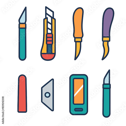Vibrant Craft Knives. Crafting knives flat set: precision knife, utility blade, carving knife, whittling tool, craft scalpel, safety cap, replacement blade, edge sharpener.