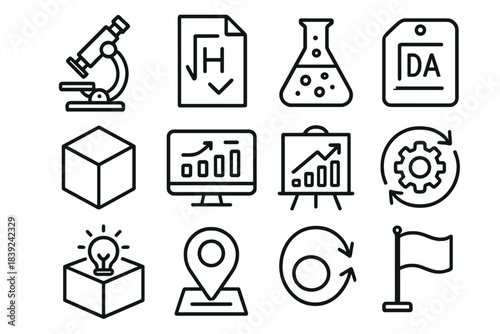 Innovation Framework Icons. R&D Innovation Framework linear set: discovery microscope, hypothesis note, lab beaker, prototype model, data analyzer, evaluation chart, innovation