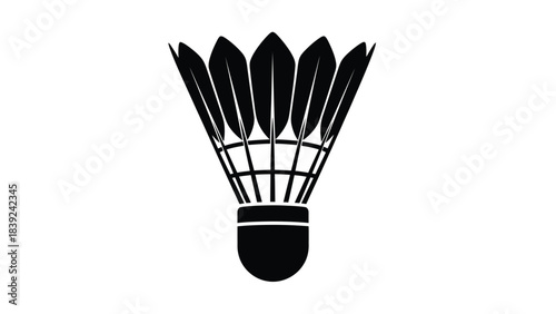 A black and white illustration of a badminton shuttlecock on a white background
