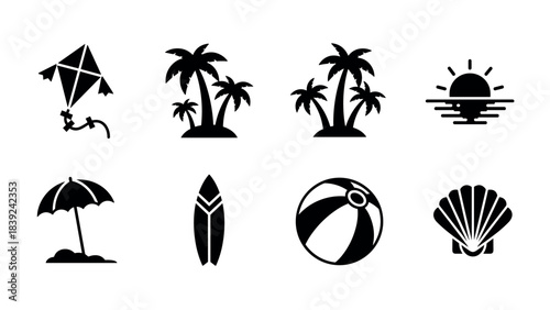 Beach essentials silhouette collection: kites, palm trees, surfboards, and sunsets
