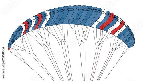 Colorful paraglider canopy with lines against white background