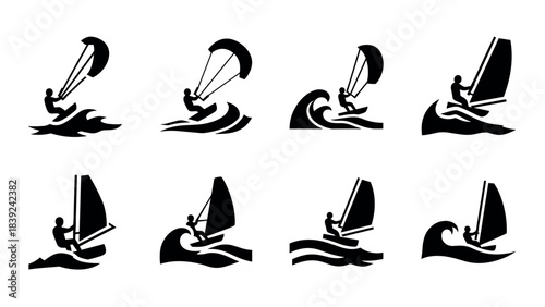 Kiteboarding and windsurfing silhouette collection for water sports enthusiasts