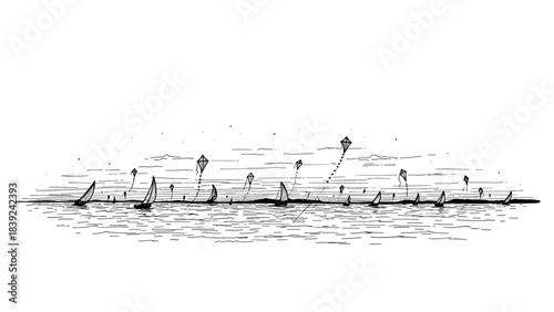 Pen sketch of sailboats and kites on a serene ocean horizon