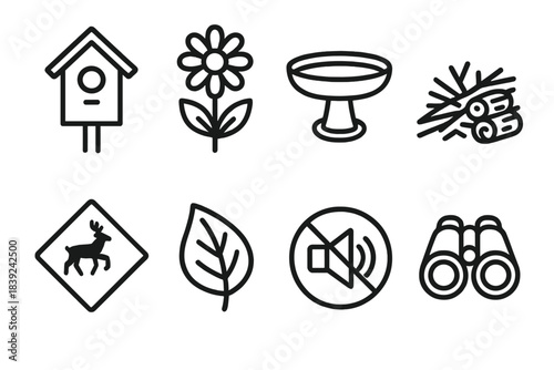 Wildlife Habitat Icons. Wildlife-Friendly Areas Set linear set: birdhouse, pollinator flower, water dish, small brush pile, wildlife crossing sign, native plant leaf, quiet zone