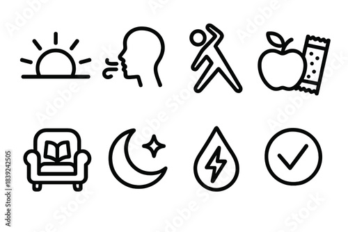 Daily Wellness Icons. Routine Wellness Essentials linear set: morning sun, breathing symbol, light exercise icon, nourishing snack, cozy reading nook, sleep star, energy droplet,