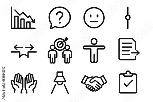 Dispute Management Icons. Dispute Management Elements linear set: conflict chart, question bubble, calm indicator, boundary line, bridge-building arrows, shared goals icon, neutral