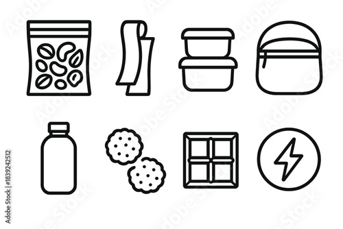 Portable Snack Essentials. Smart On-the-Go Pack linear set: trail mix pouch, fruit leather strip, mini container set, reusable snack bag, smoothie bottle, oat bites, dark chocolate