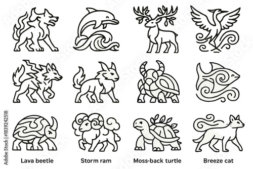 Elemental Guardian Icons. Elemental Guardian Animals linear set: inferno hound, wave rider dolphin, forest guardian elk, air currents crane, spark jackal, frost lynx, canyon beetle