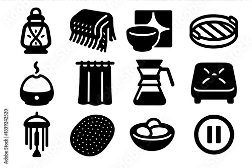 Brutalist Home Icons. Slow-Paced Home Setting silhouette set: warm light lantern, knit throw layer, ceramic bowl tile, bamboo tray, essential-oil mist dome, cotton drape panel,
