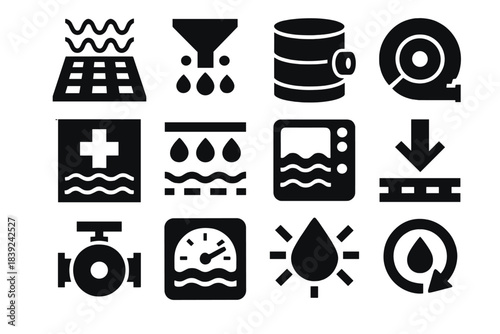 Sustainable Water Icon Set. Sustainable Water Systems silhouette set: greywater inlet tile, filtration node, storage tank bar, pump ring, treatment patch, irrigation stripe, sensor