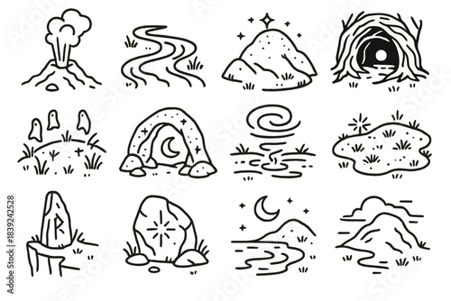 Mystical Landform Icons. Mystical Landform Set linear set: arcane geyser vent, enchanted creek bend, spellbound hilltop, luminous root tunnel, phantom meadow, moonstone arch,