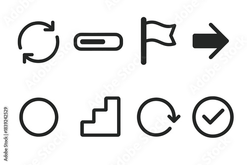 Incident Resolution Icons. Incident resolution pathways symbols linear set: recovery loop, progress bar, solution flag, response arrow, clarity ring, action steps, feedback circle,