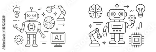 Robots and artificial intelligence symbols present different aspects of technology in a simple design