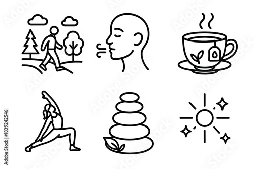 Wellness Icon Set. Wellness Exploration linear set: nature stroll, breathing circle, herbal tea, stretching pose, balanced stones, sunlight spark.