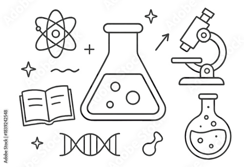 Science symbols including books, a microscope, and laboratory equipment in a simple design