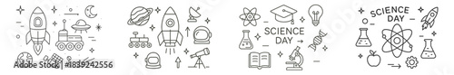 Space exploration and science day illustrations with rockets and planets in a creative layout