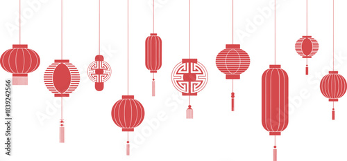 Red Chinese lanterns hanging in various traditional shapes, minimalist festive illustration for Lunar New Year celebration and Asian cultural holiday decor