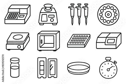 Scientific Equipment Icons. Laboratory Equipment Set linear set: microplate reader, vortex mixer, pipette set, centrifuge rotor, hot plate, incubator chamber, PCR tray,