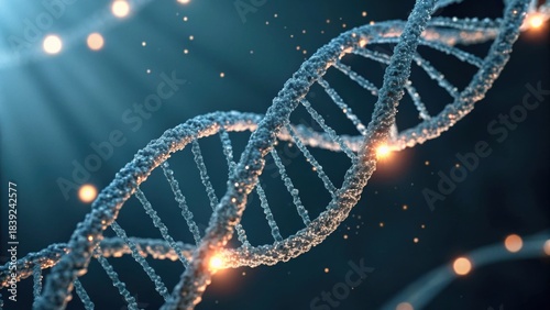 A digital representation of a DNA double helix, showcasing intricate structures with glowing elements against a dark background.