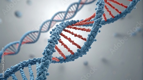 A detailed close-up of a DNA double helix structure, showcasing blue and red elements, symbolizing genetic information and biological processes.
