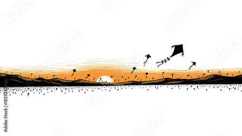 Sunset kite flying over desert hills with silhouetted children