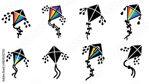 Colorful and black adventure kites with unique patterns and silhouettes