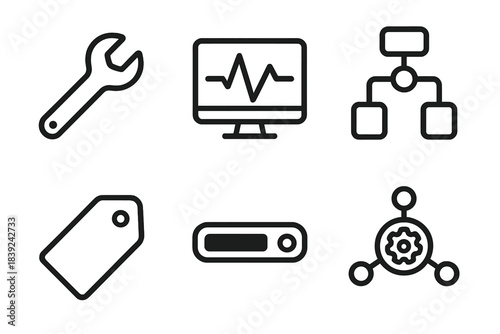Service Workflow Icons. Technical service workflows linear set: tool wrench, diagnostic screen, workflow steps, ticket tag, status bar, service hub.