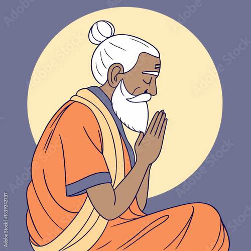 A serene cartoon illustration of an elderly Hindu sage in orange robes, seated with hands in prayer, a white topknot, long white beard, and a tilak on his forehead, framed by a glowing halo.